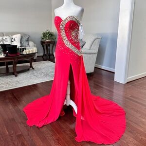 Vintage 2000s Panoply‎ Red Strapless Ethereal Beaded Embellished Gown Dress